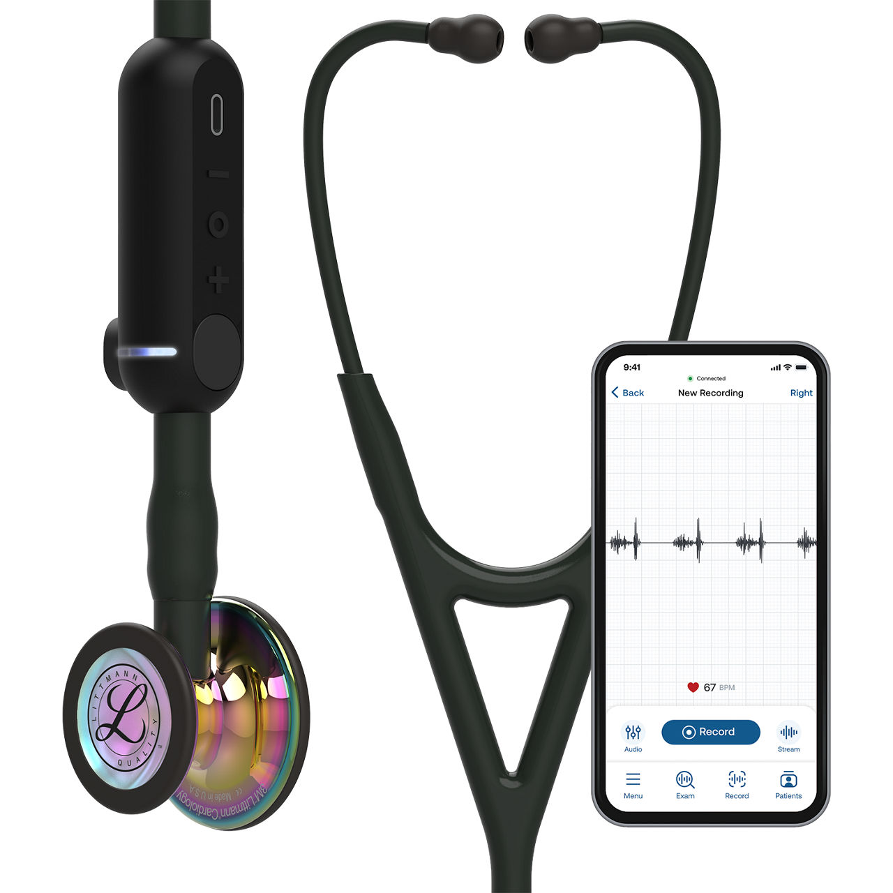 3M Littmann CORE Digital High Polish Rainbow Chestpiece, Black Tube, Stem And Headset